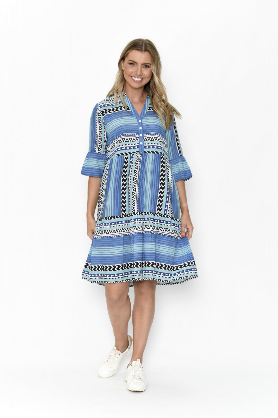 DW93G Maya Button V Neck Layer Dress Print Stripe | Blue