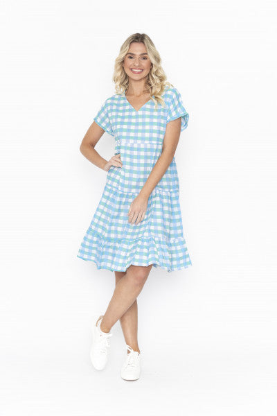 DW91E Jasmine Gingham V Neck Dress | Aqua Multi