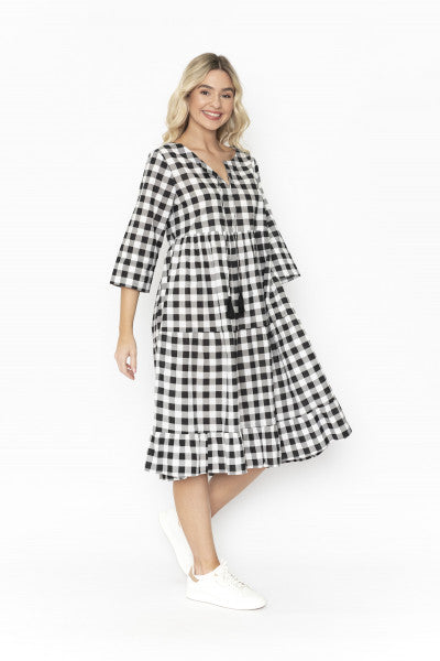 DW82E Tie Neck Gingham Dress | BLACK