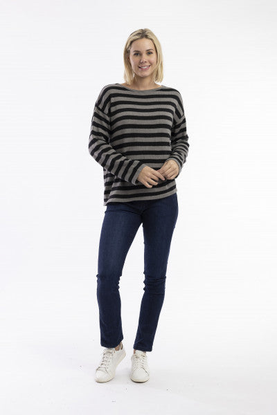 1301 Knit Top R-neck Stripe | Dark Grey/ Mel Black