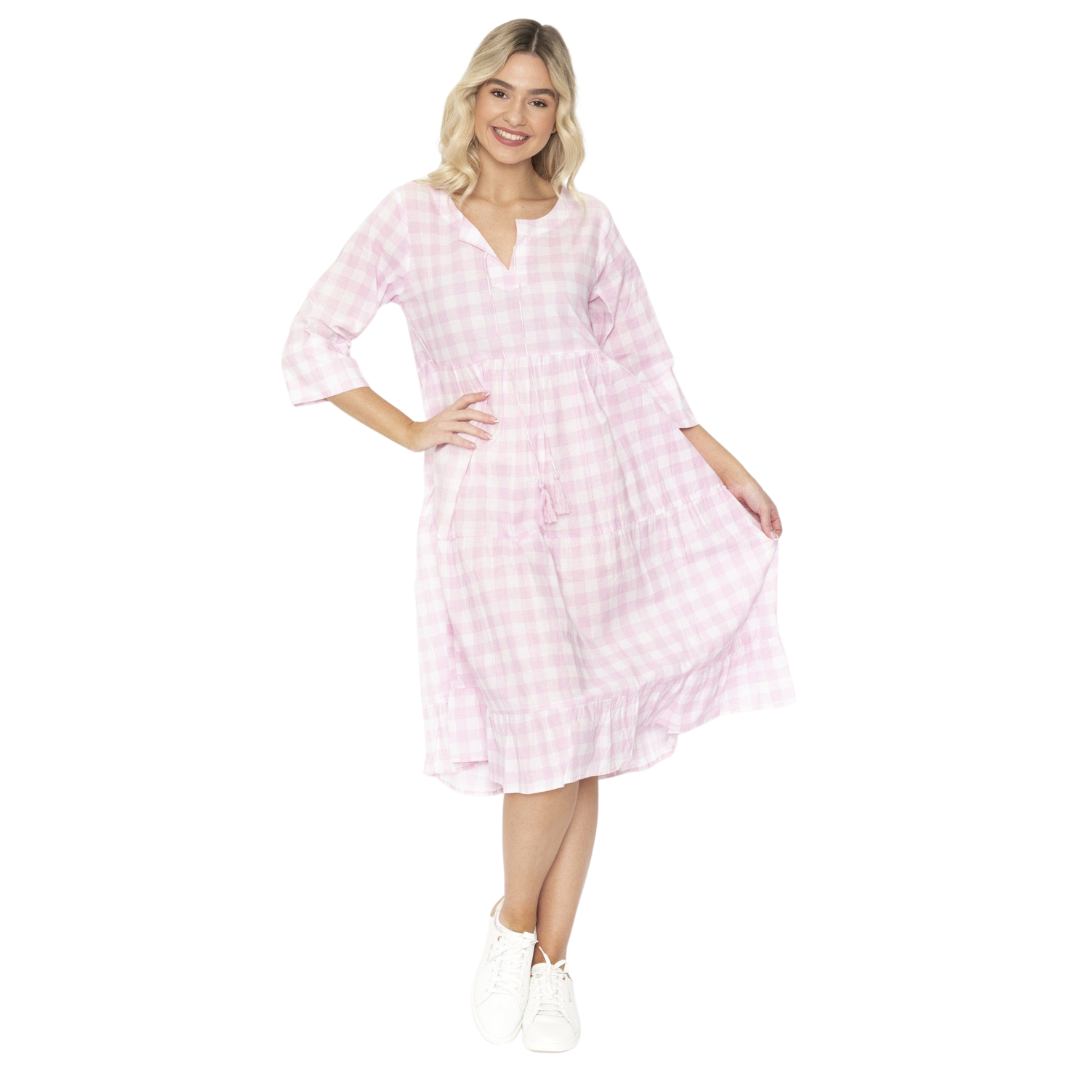 DW82E Tie Neck Gingham Dress | Pale Pink