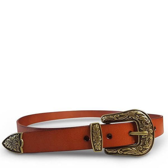 1092016 Camden Leather Western Belt with Gold Floral Embossed Metal | Brown