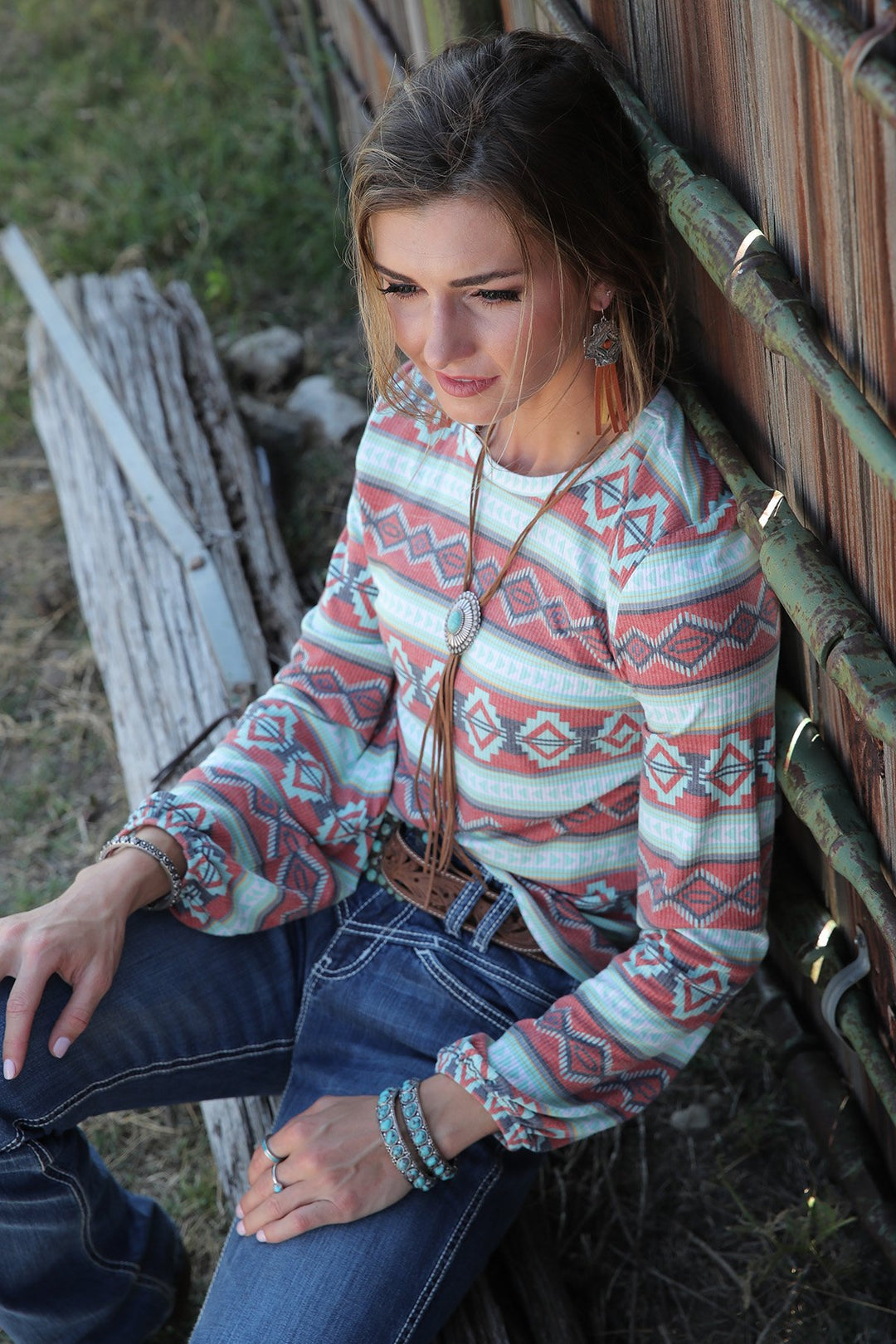 CTK7413001 Women's Southwestern Print Long Sleeve Blouse | Red/Turquoise