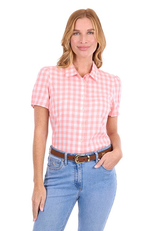 T6S2113074 Wmns Agnes SS Shirt | Peach/White