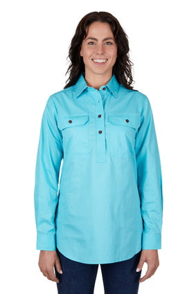 T4S2100182 Women's Light Drill Half Placket Long Sleeve Shirt with Contrast Trims