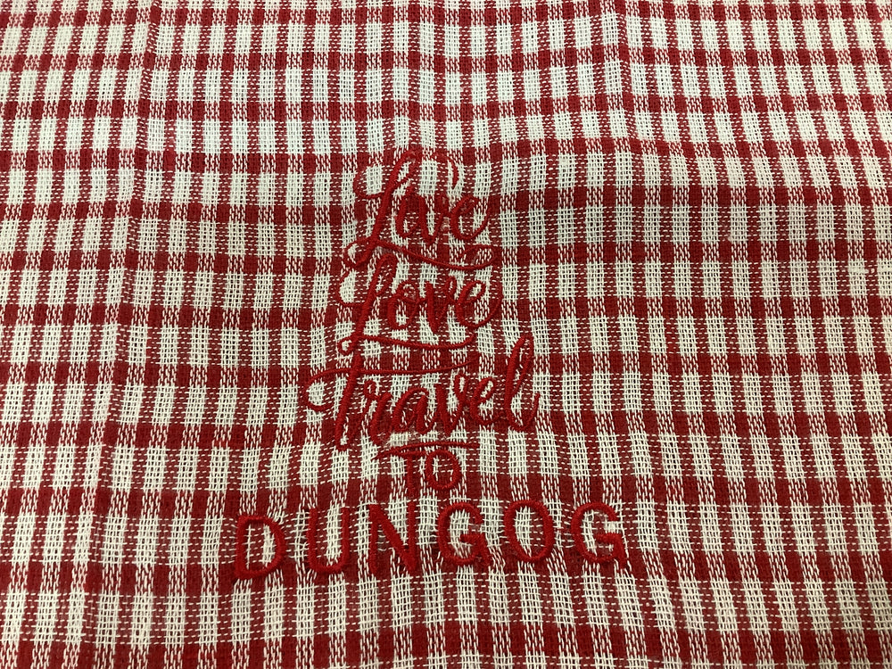 1432115 HVC Embroidered Travel to Dungog Checkered Tea Towel