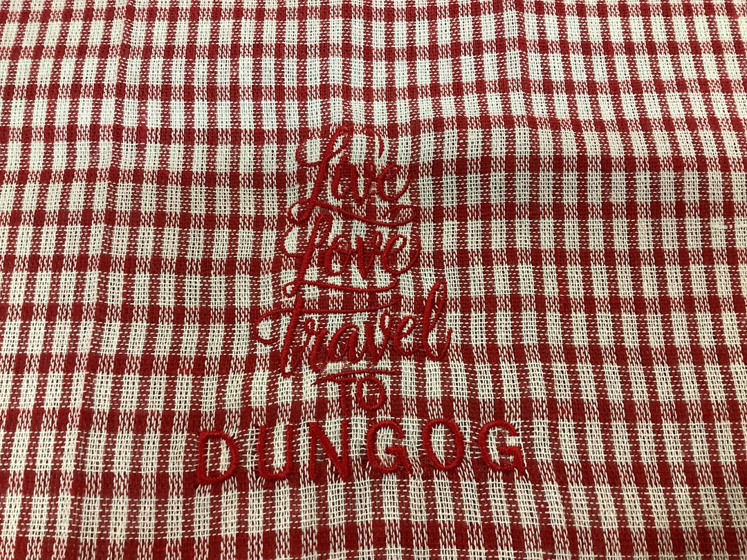 1432115 HVC Embroidered Travel to Dungog Checkered Tea Towel