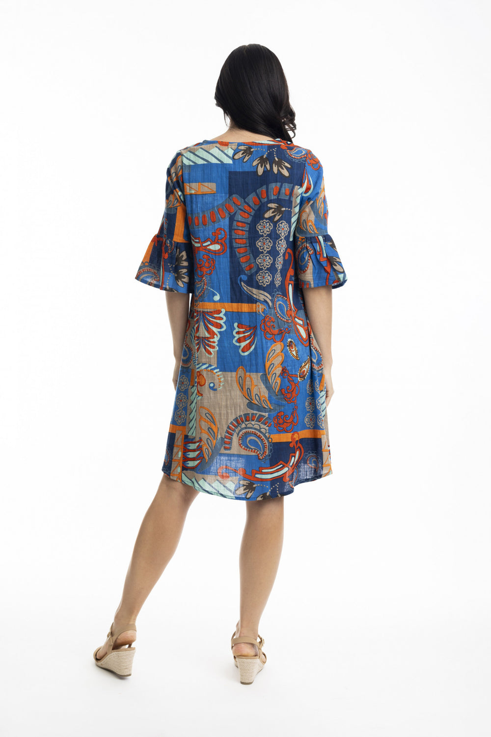 30005 Orientique Camps Bay Frill Sleeve Contemporary Dress | Blue Print