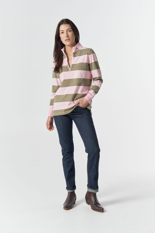 3236-2-RibCuff-26 The Local ½ Zip Cotton Rugby - Pink A Boo/Sage