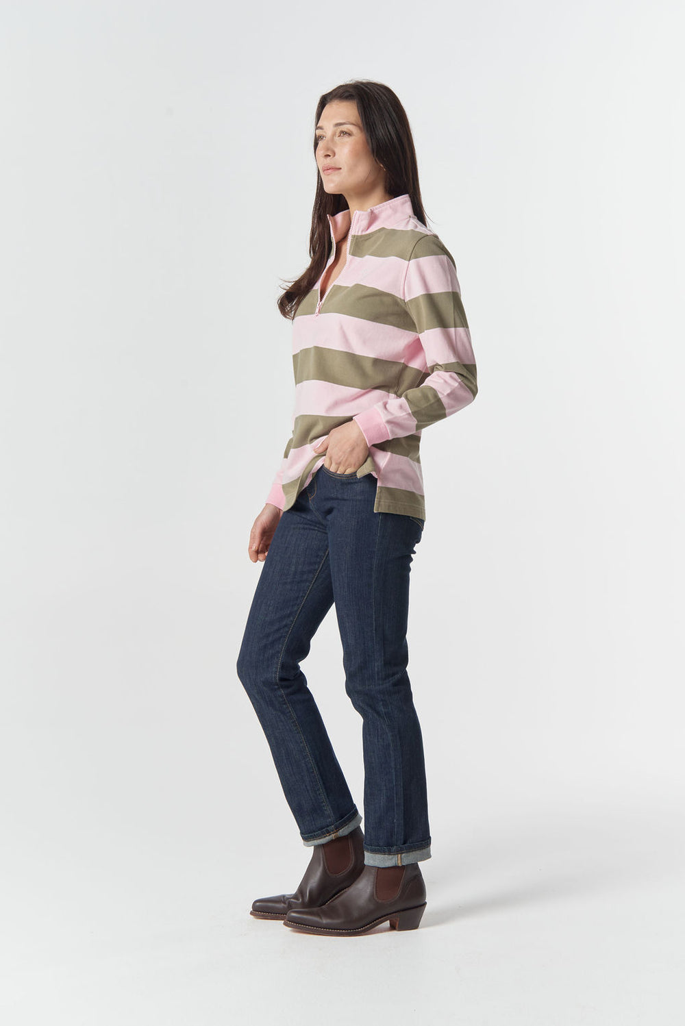 3236-2-RibCuff-26 The Local ½ Zip Cotton Rugby - Pink A Boo/Sage