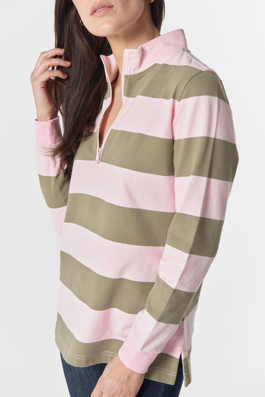 3236-2-RibCuff-26 The Local ½ Zip Cotton Rugby - Pink A Boo/Sage