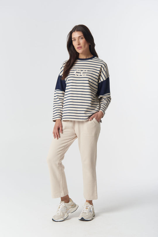3314-23-W26 GC Logo Stripe Cotton Sweater - Birch/Dark Navy