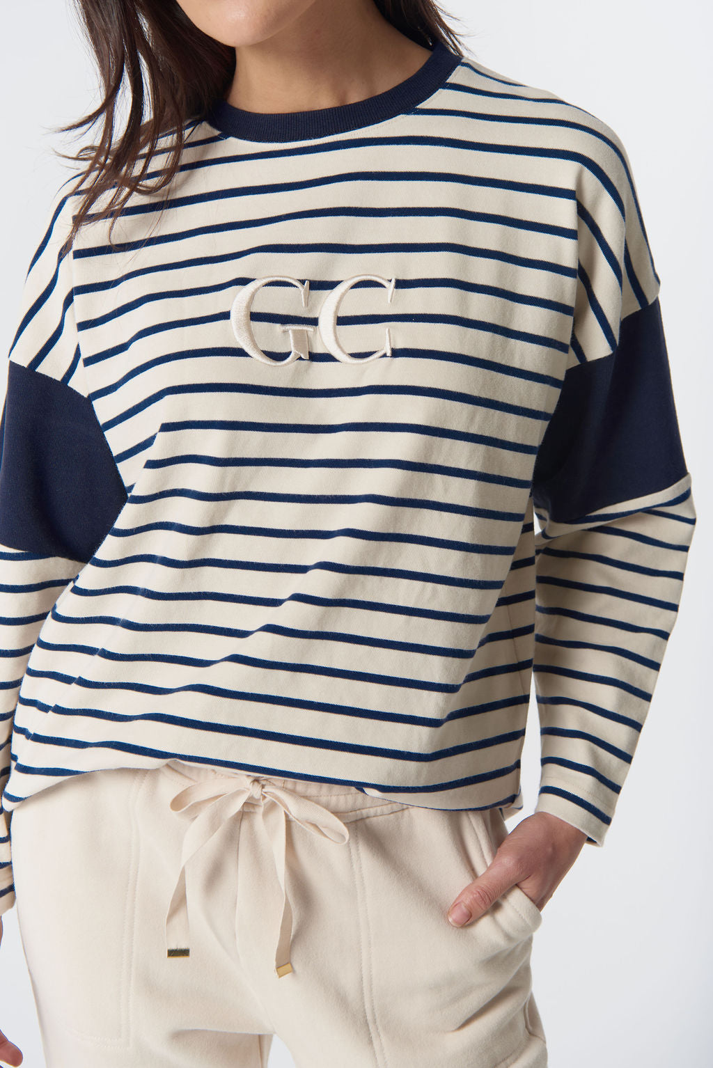 3314-23-W26 GC Logo Stripe Cotton Sweater - Birch/Dark Navy