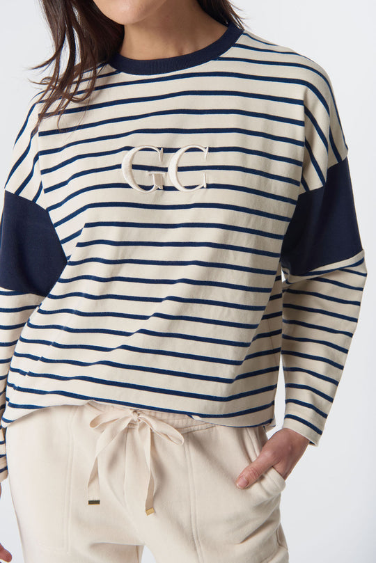 3314-23-W26 GC Logo Stripe Cotton Sweater - Birch/Dark Navy