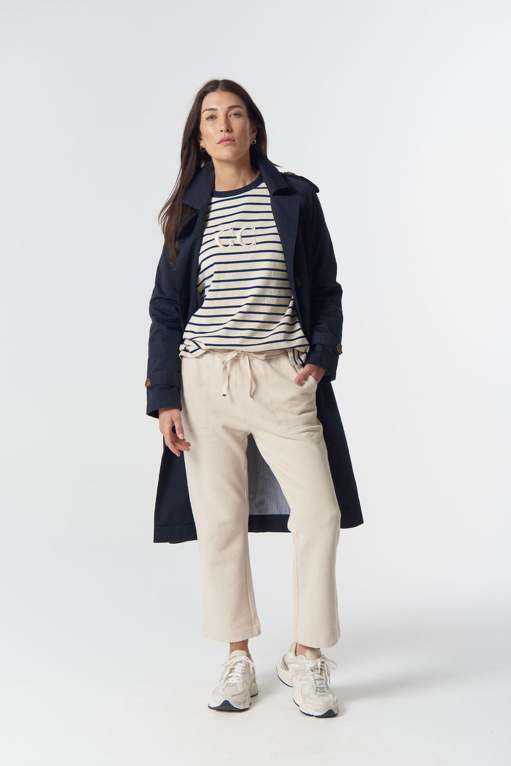 3314-23-W26 GC Logo Stripe Cotton Sweater - Birch/Dark Navy