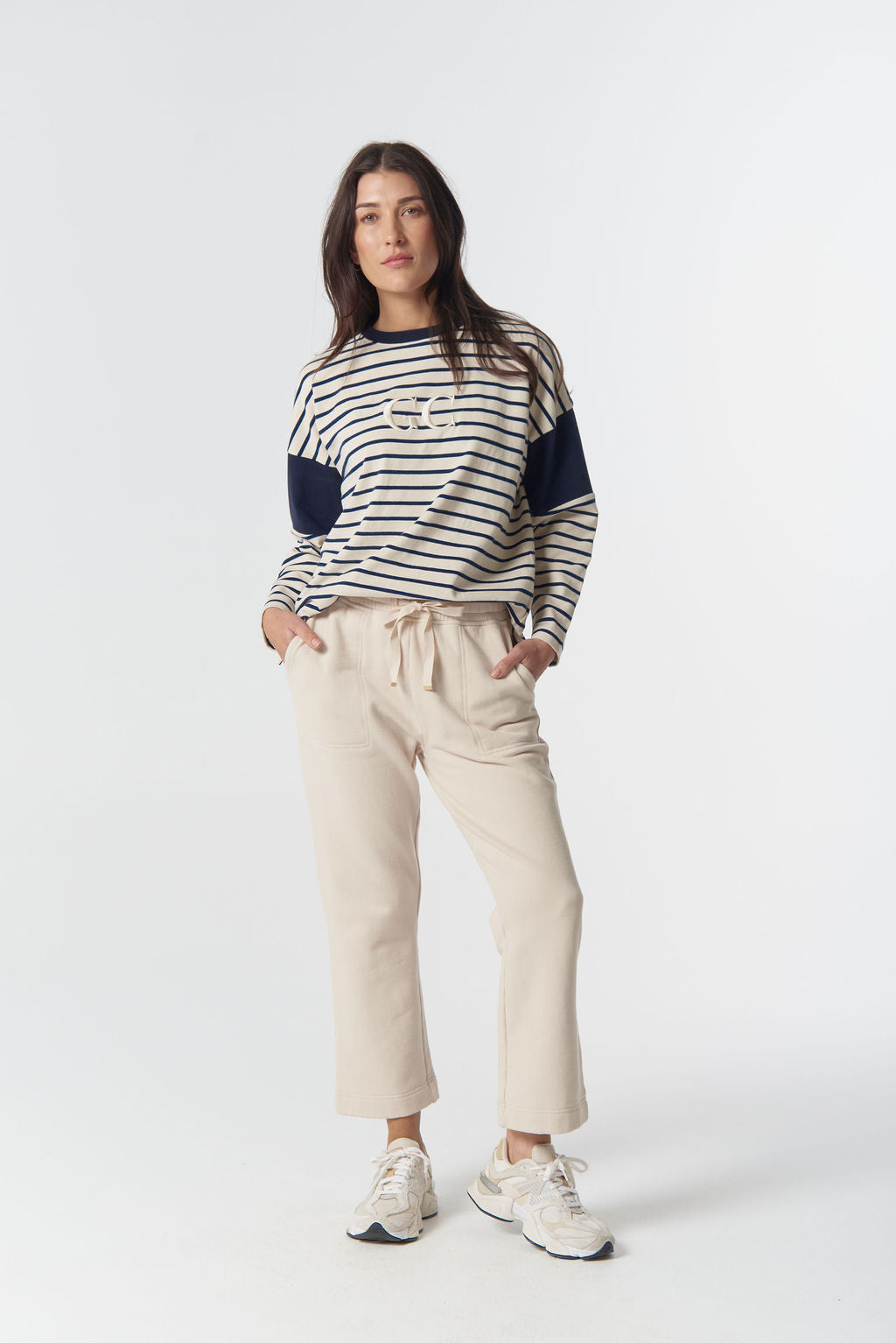 3314-23-W26 GC Logo Stripe Cotton Sweater - Birch/Dark Navy