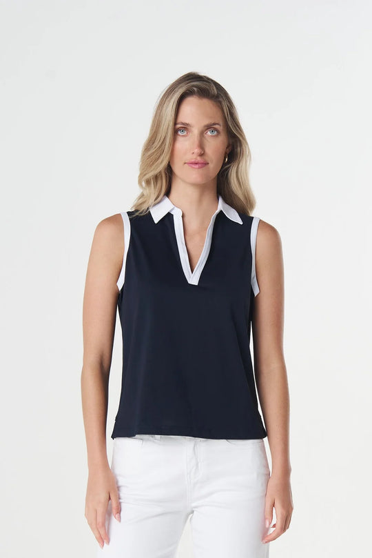 3329-S26 Reef Contrast Sleeveless Cotton Polo | Dark Navy