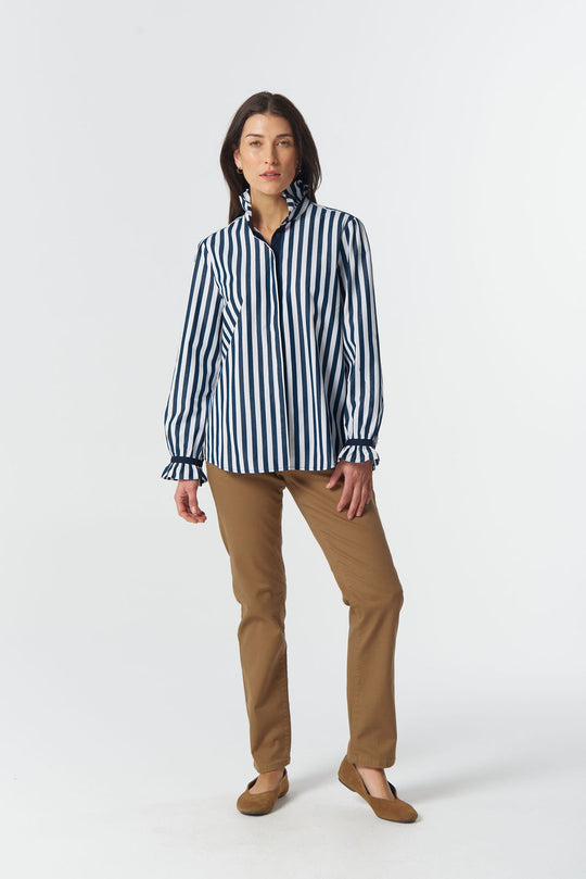 4421-255 Sky Frill Neck Cotton Shirt - Dark Navy/White