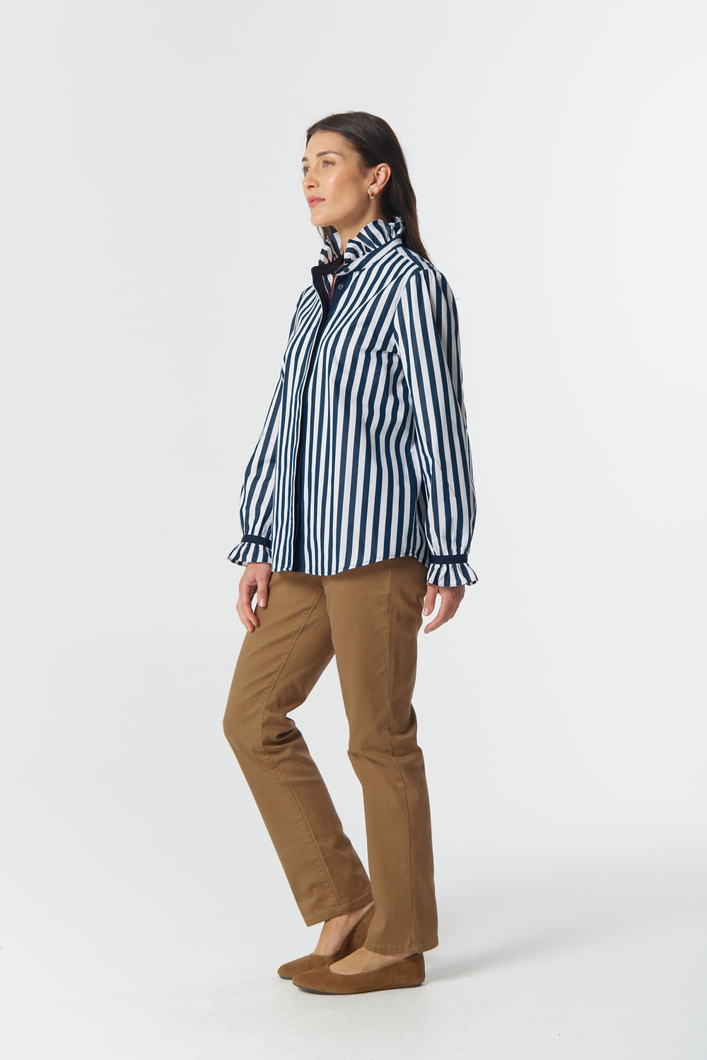 4421-255 Sky Frill Neck Cotton Shirt - Dark Navy/White