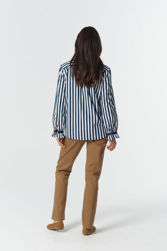 4421-255 Sky Frill Neck Cotton Shirt - Dark Navy/White