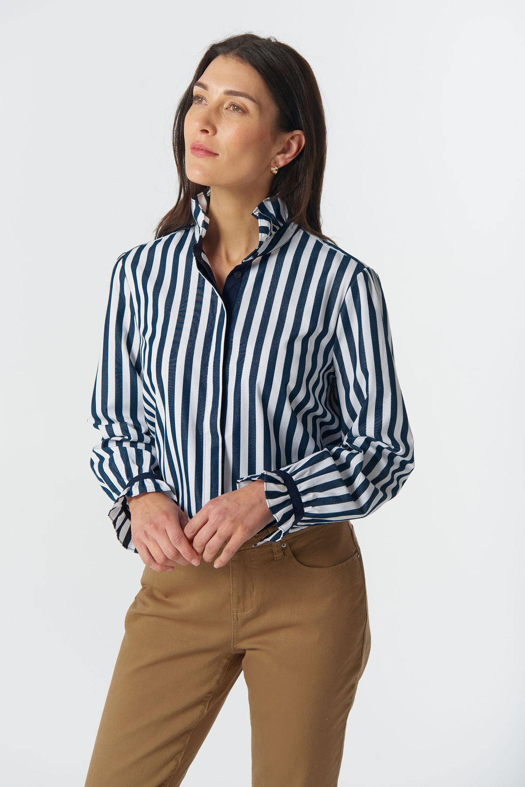 4421-255 Sky Frill Neck Cotton Shirt - Dark Navy/White
