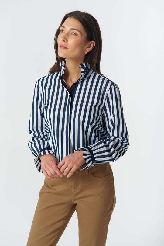 4421-255 Sky Frill Neck Cotton Shirt - Dark Navy/White