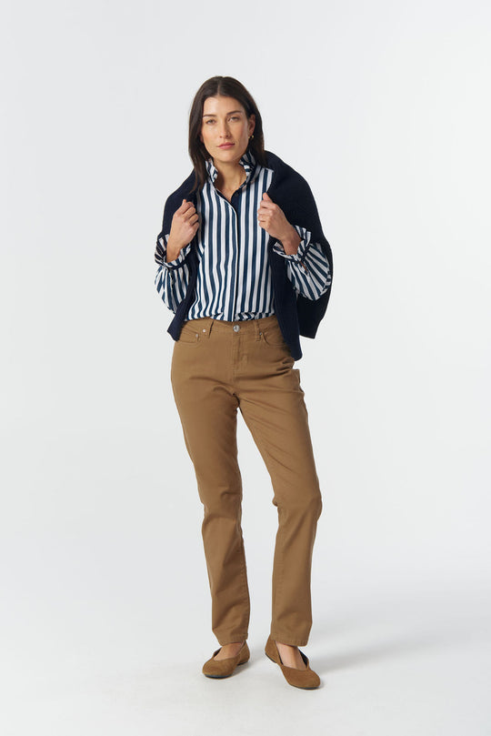 4421-255 Sky Frill Neck Cotton Shirt - Dark Navy/White