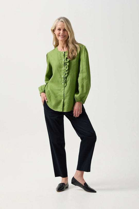 W25-4428  Linen Relaxed Frill Blouse Leaf Green