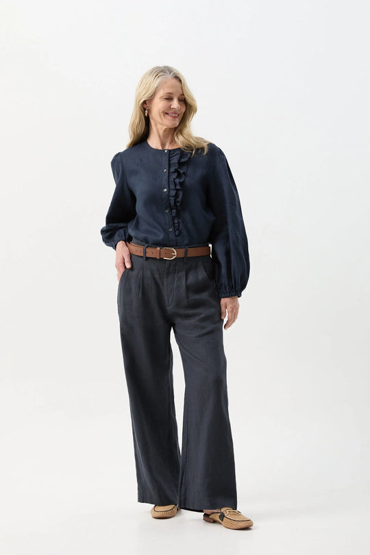 W25-4428  Linen Relaxed Frill Blouse Dark Navy