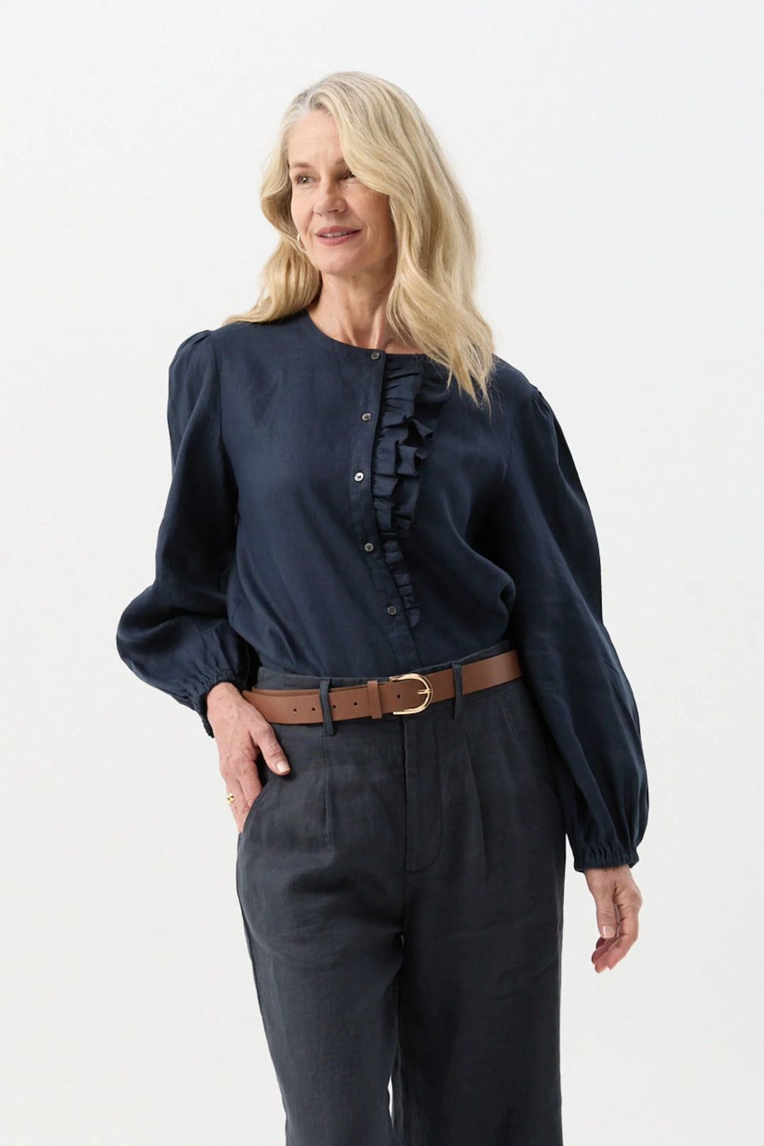 W25-4428  Linen Relaxed Frill Blouse Dark Navy