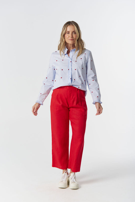 4463-Hearts Out West Cotton Blouse - Blue/Red Hearts