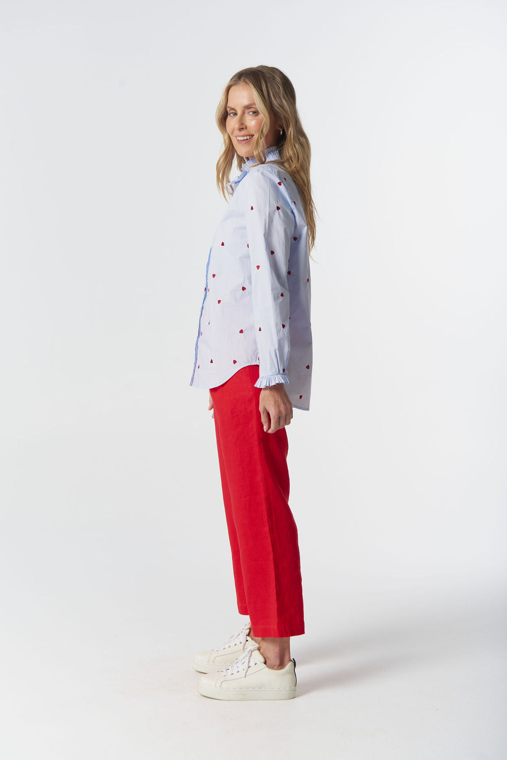 4463-Hearts Out West Cotton Blouse - Blue/Red Hearts
