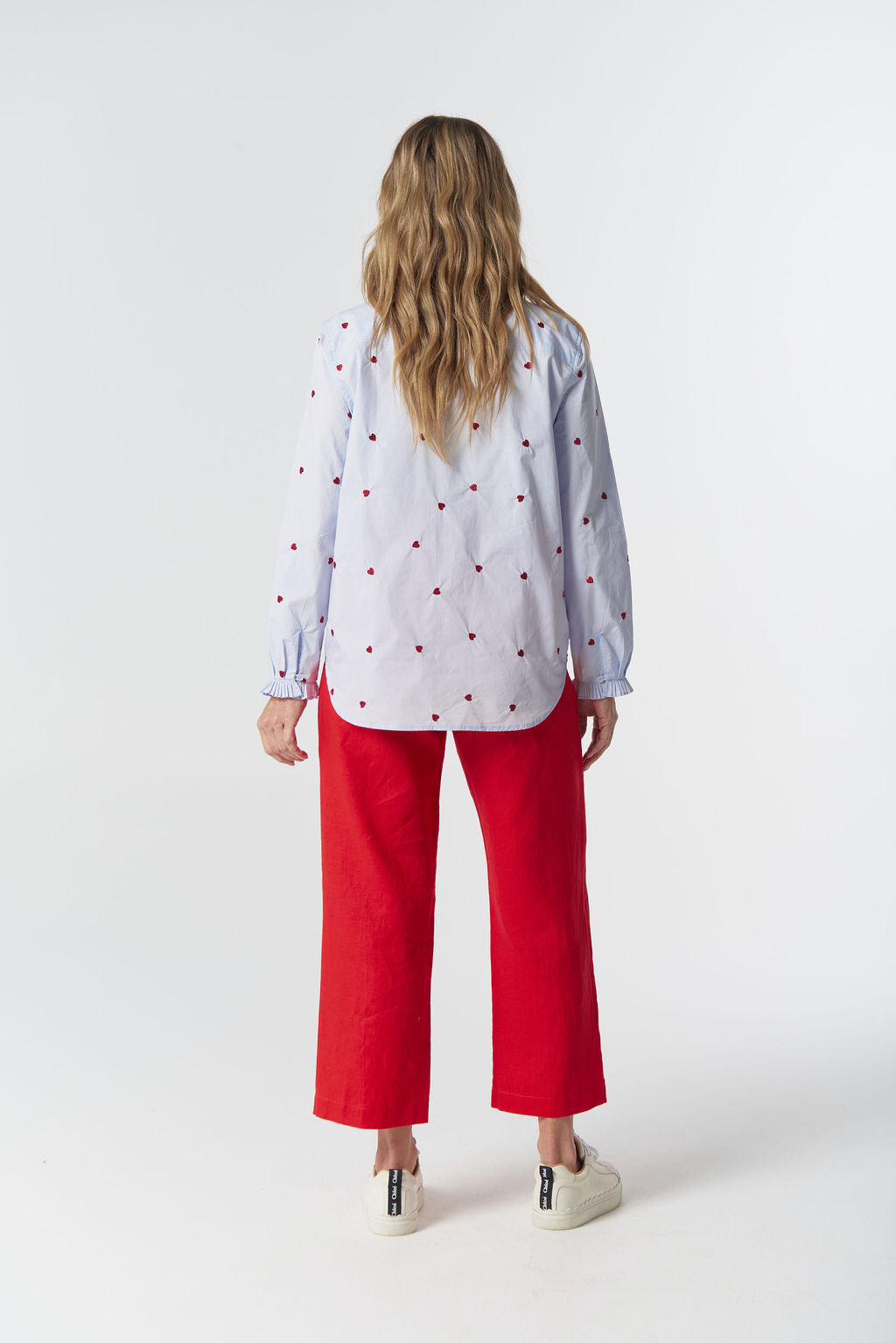 4463-Hearts Out West Cotton Blouse - Blue/Red Hearts