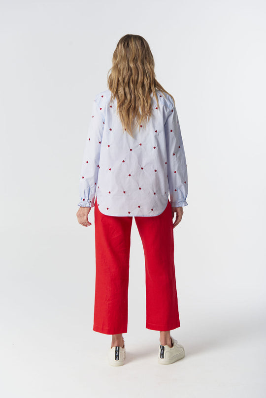 4463-Hearts Out West Cotton Blouse - Blue/Red Hearts