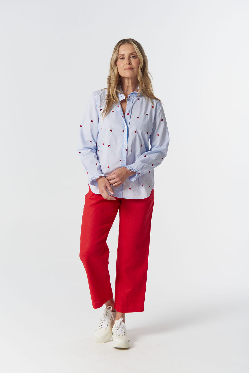 4463-Hearts Out West Cotton Blouse - Blue/Red Hearts