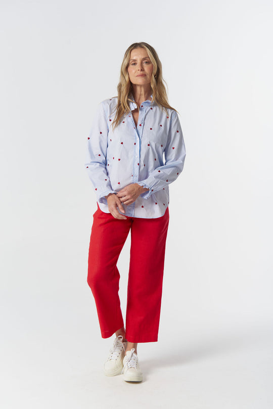 4463-Hearts Out West Cotton Blouse - Blue/Red Hearts