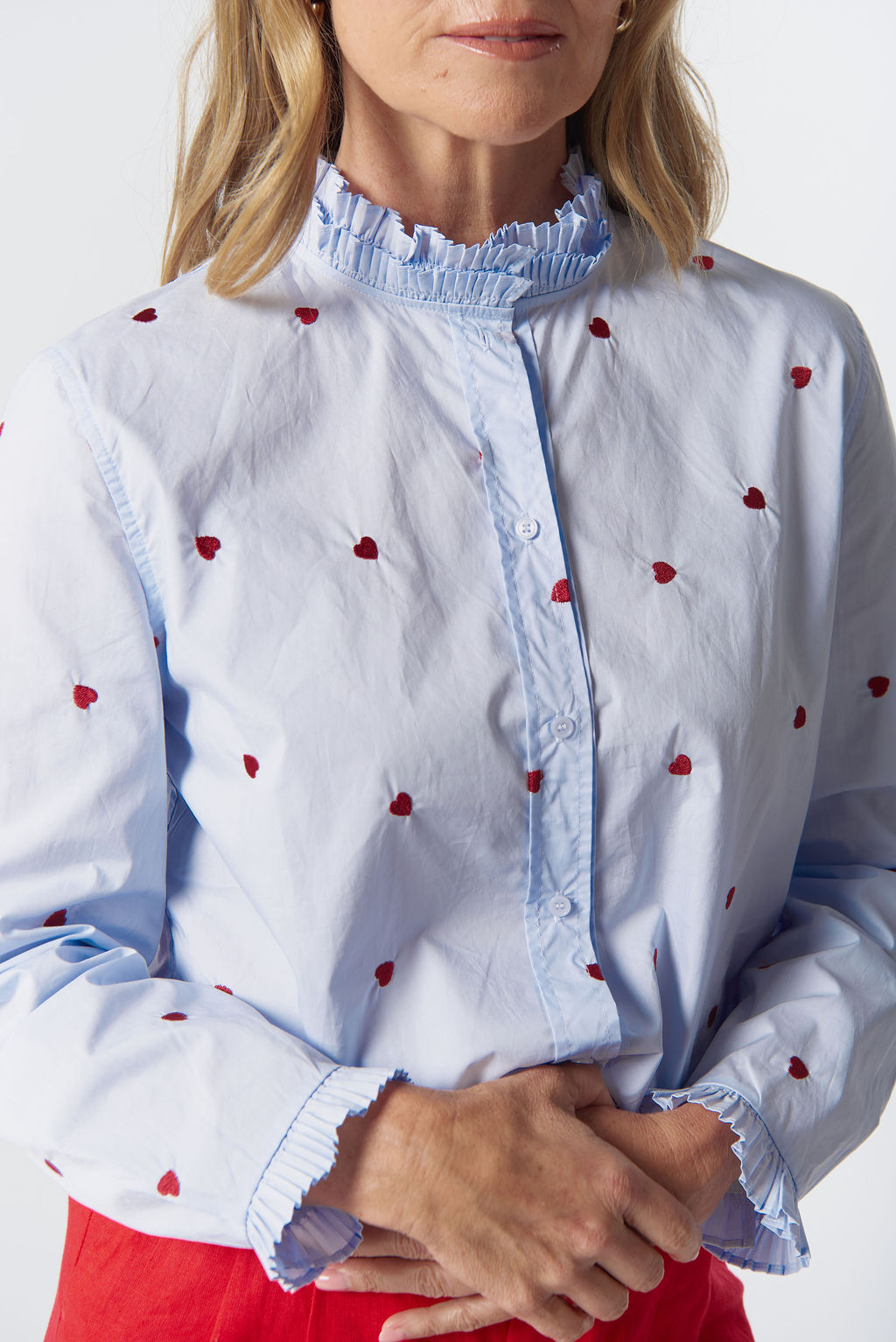 4463-Hearts Out West Cotton Blouse - Blue/Red Hearts