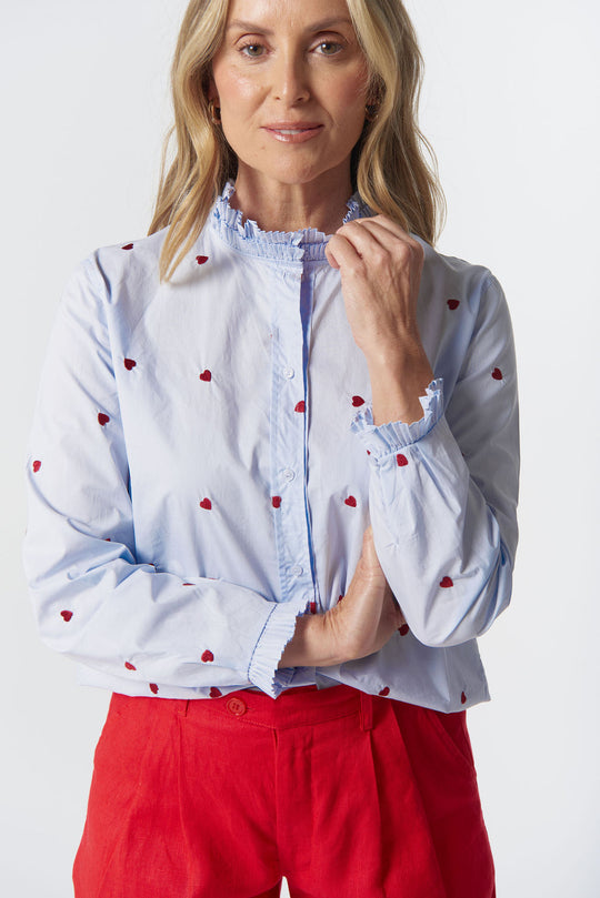 4463-Hearts Out West Cotton Blouse - Blue/Red Hearts