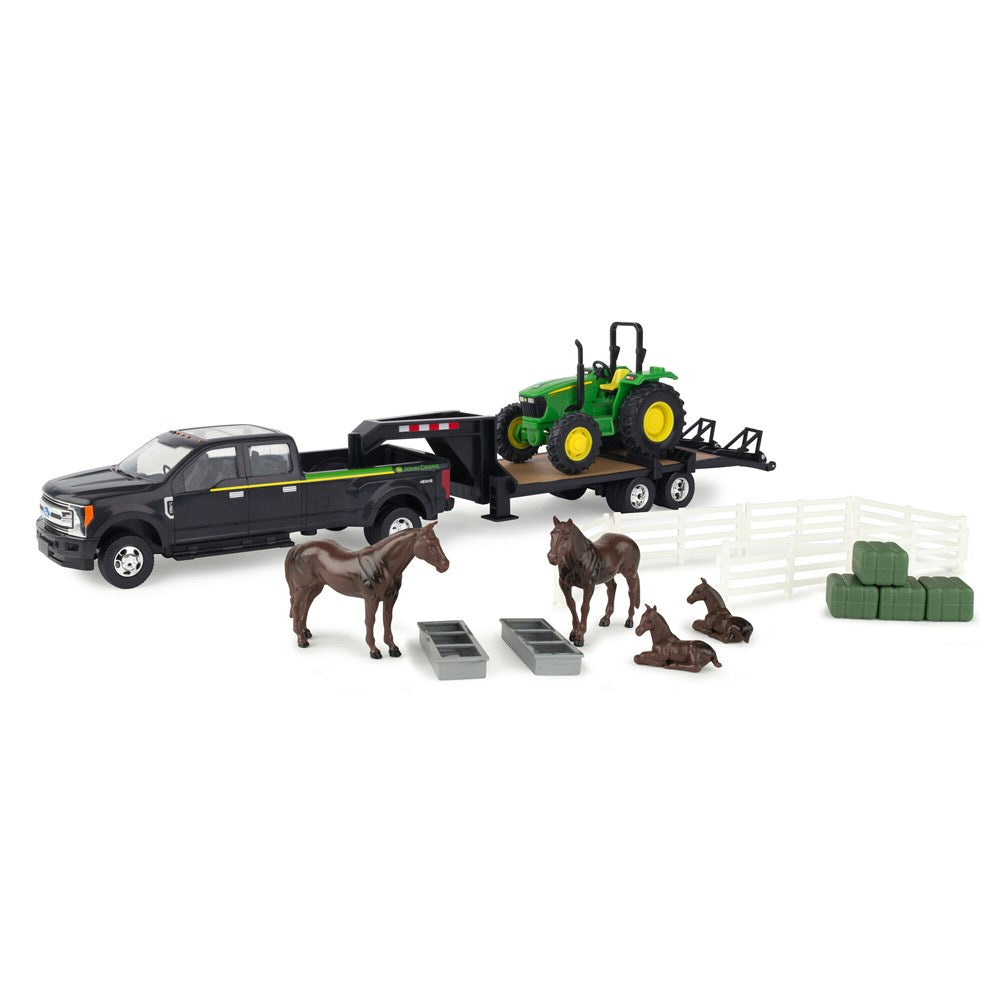 1:32 JD 5075E Tractor Hauling Set w/Ford Pickup And Trailer