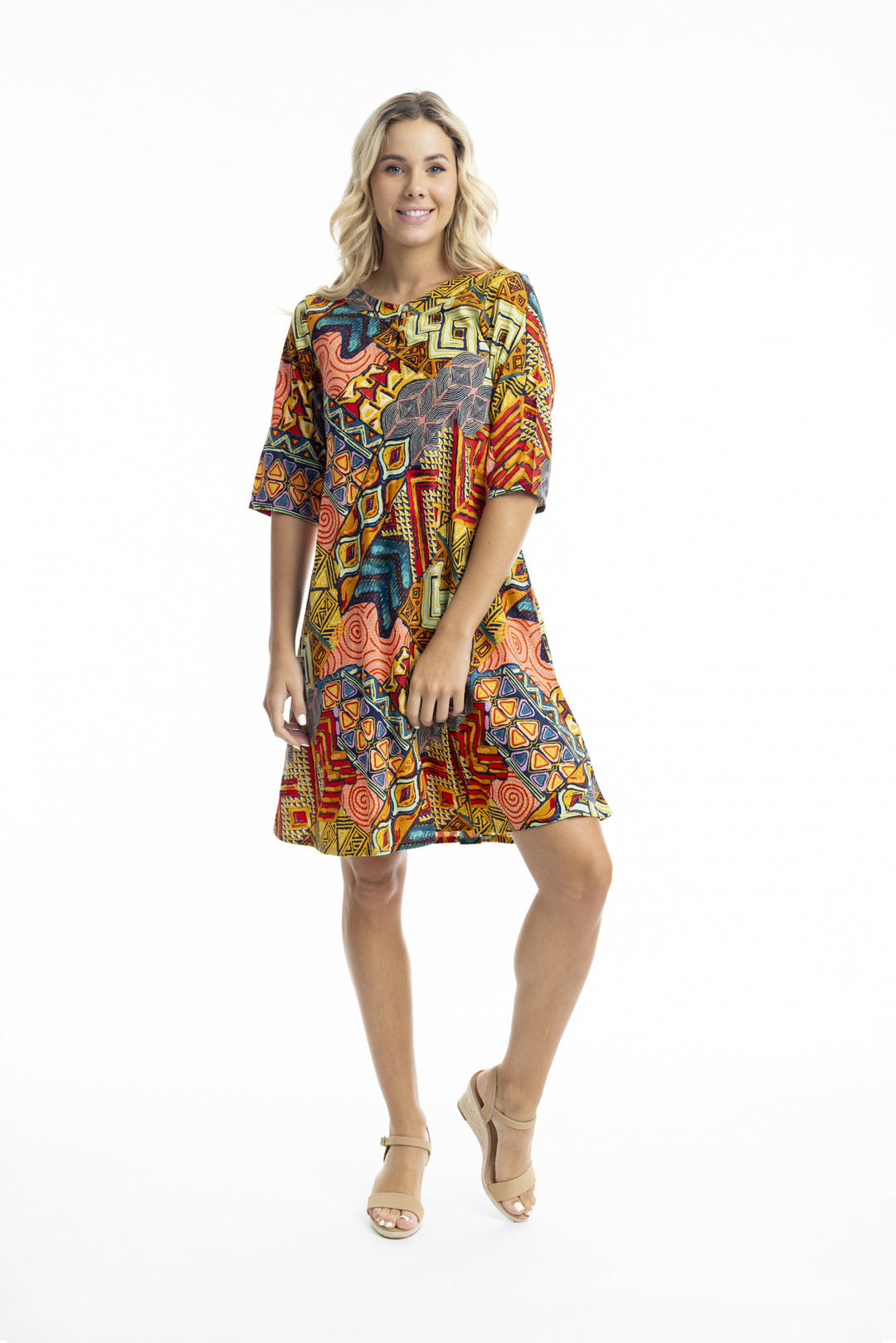 71400 Orientique Tofo Contemporary Flaired Dress | Multi Oranges