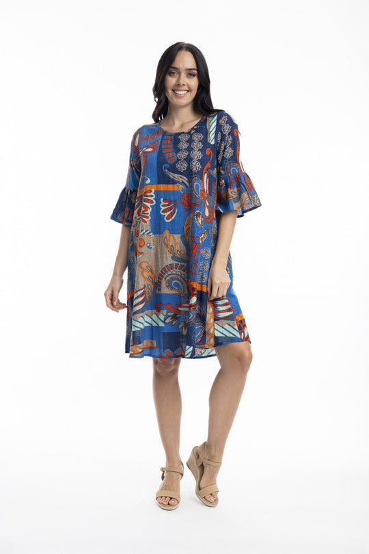 30005 Orientique Camps Bay Frill Sleeve Contemporary Dress | Blue Print