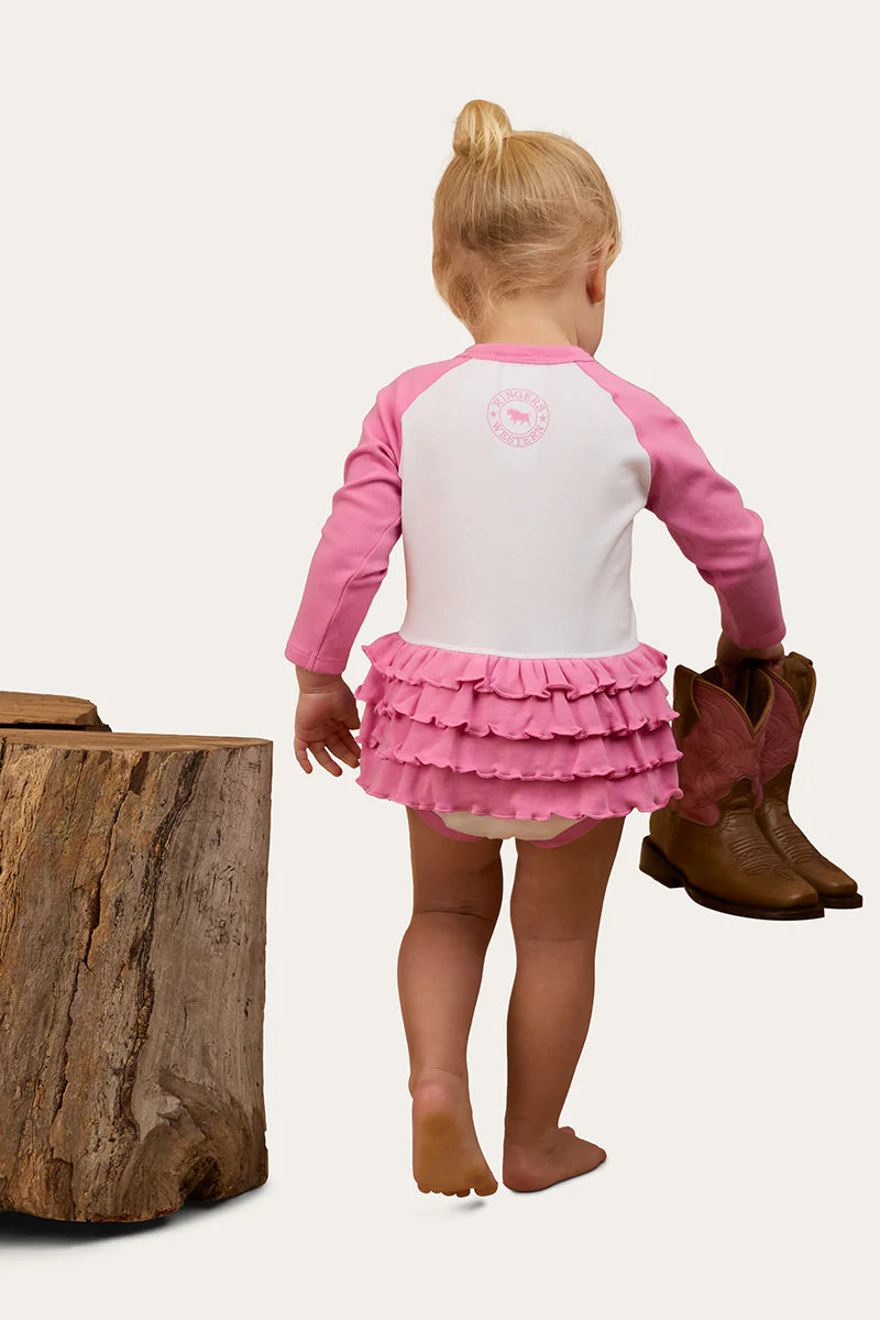 Rodeo Gal Babies LS Frill Romper - White/pink