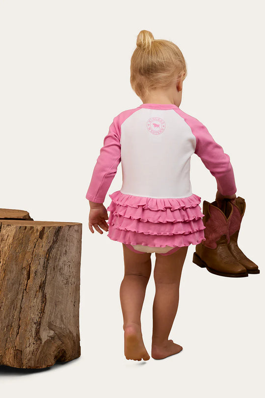 Rodeo Gal Babies LS Frill Romper - White/pink
