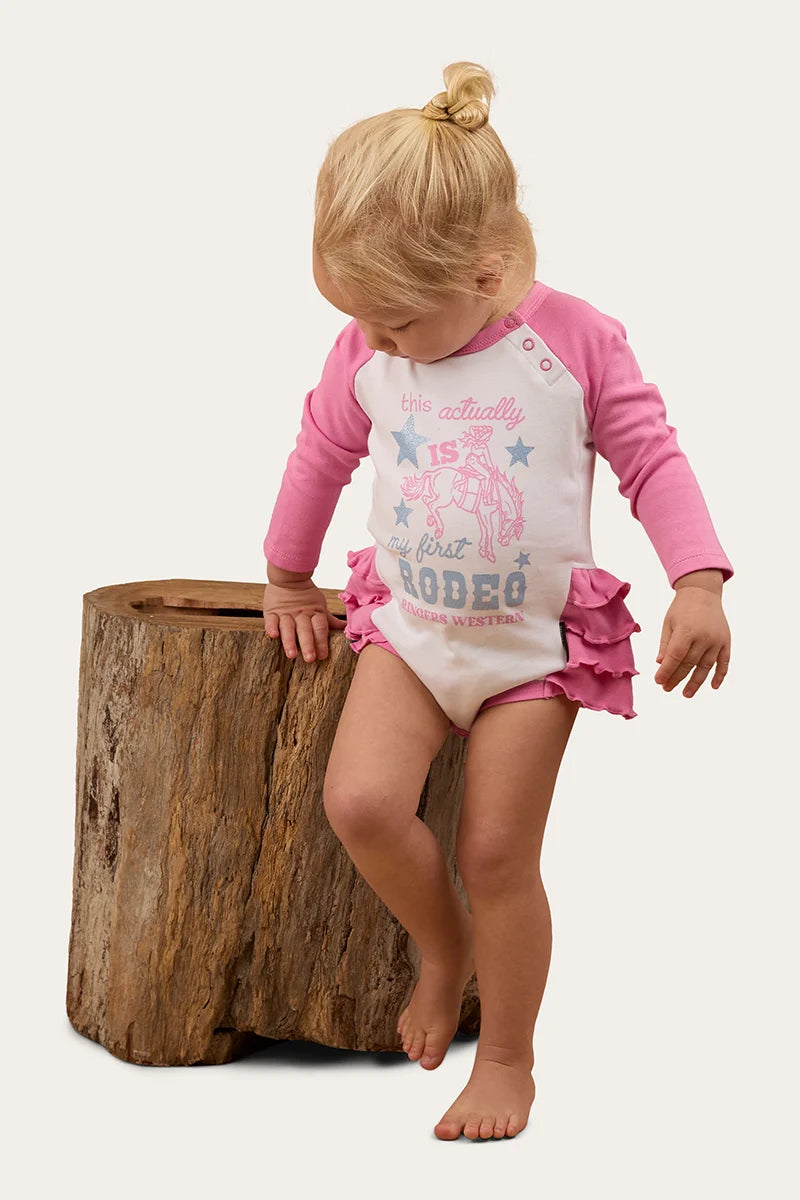 Rodeo Gal Babies LS Frill Romper - White/pink