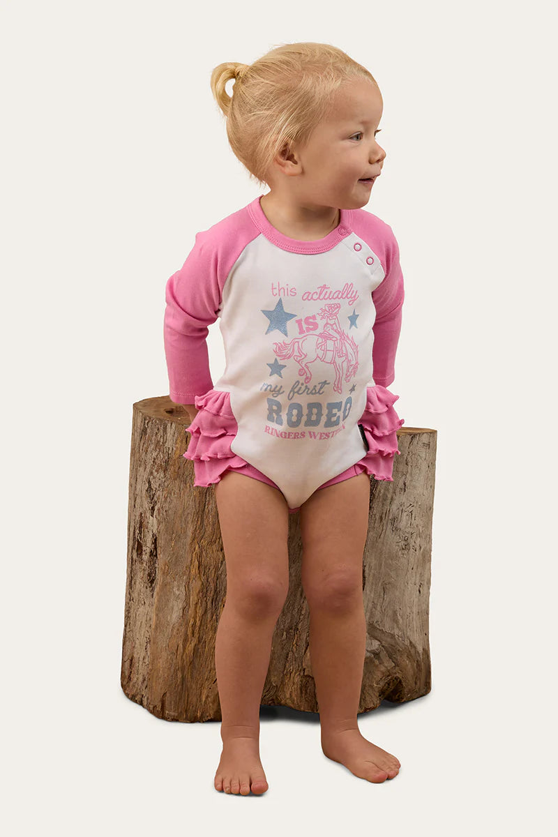 Rodeo Gal Babies LS Frill Romper - White/pink