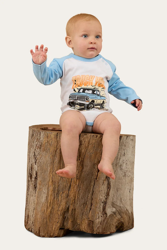 Trucker Kid Babies LS Romper - White / Blue