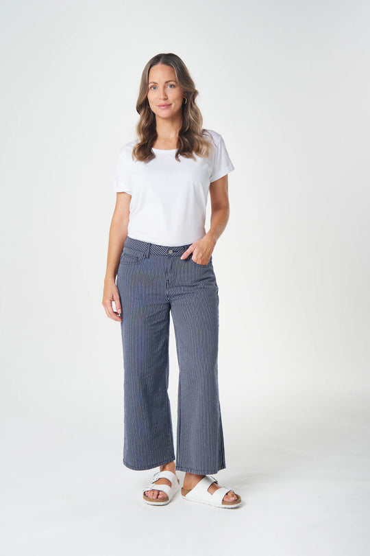 5258-Stripe 5 Pocket Crop Wide Leg Jean |  Dark Navy/White Stripe