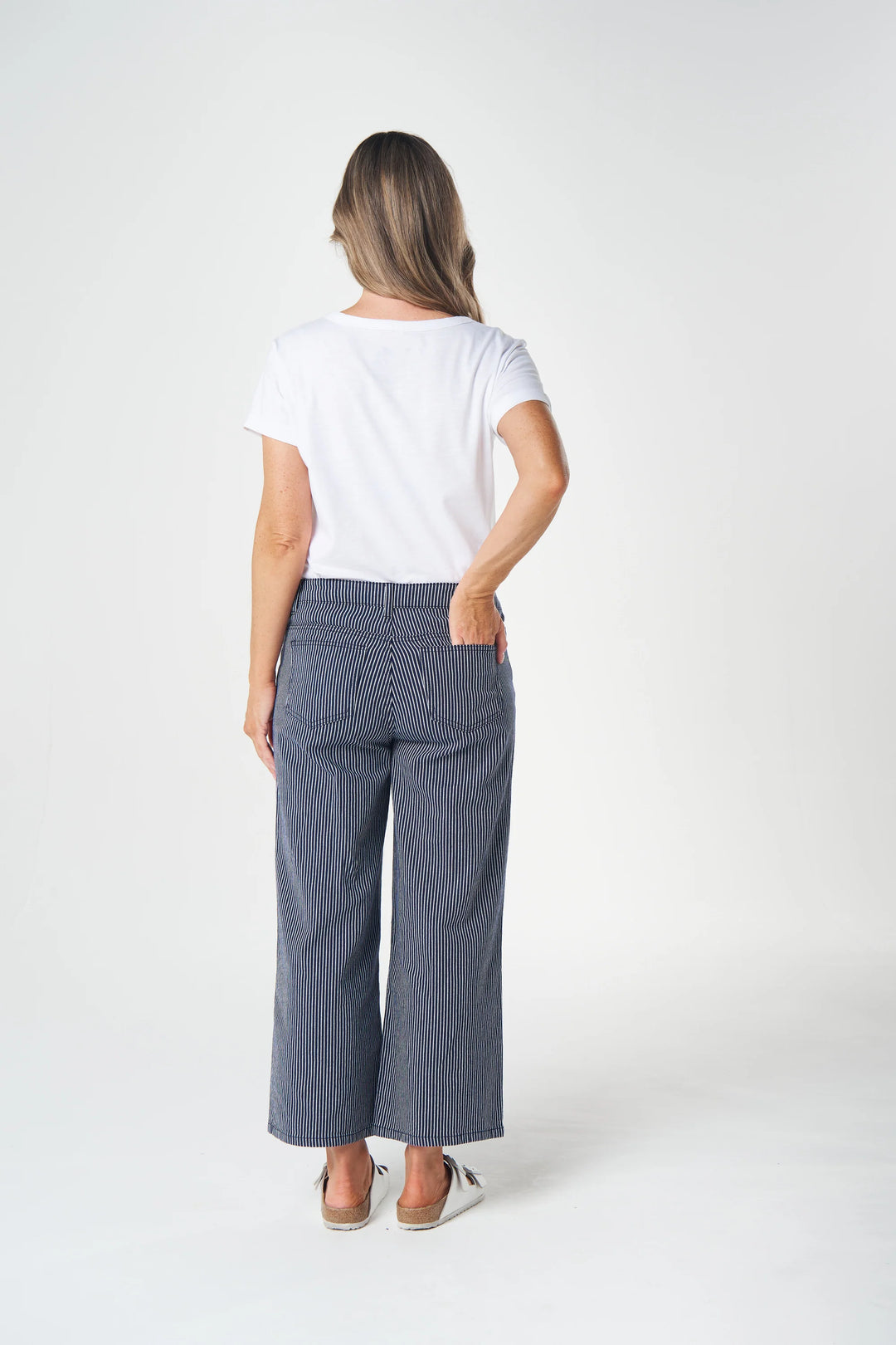 5258-Stripe 5 Pocket Crop Wide Leg Jean |  Dark Navy/White Stripe