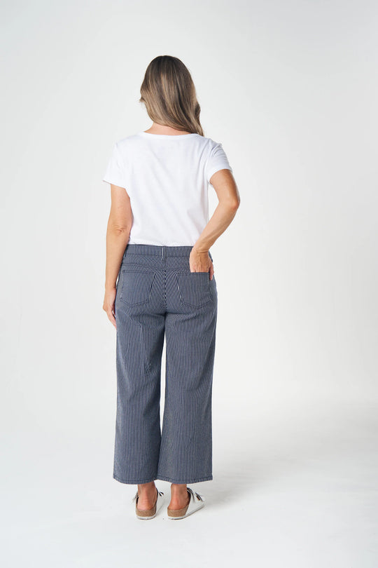 5258-Stripe 5 Pocket Crop Wide Leg Jean |  Dark Navy/White Stripe