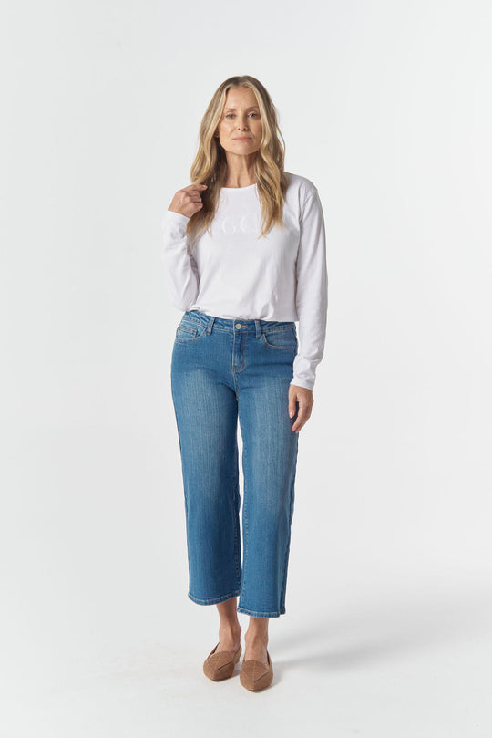 5268-W26 5 Pocket Crop Wide Leg Jean - Denim Blue